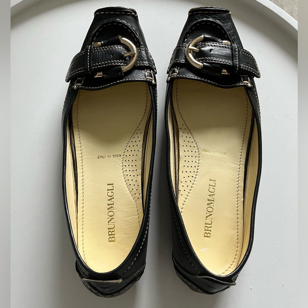 Bruno Magli Black Leather Buckle Loafers, US Women's 9 M.